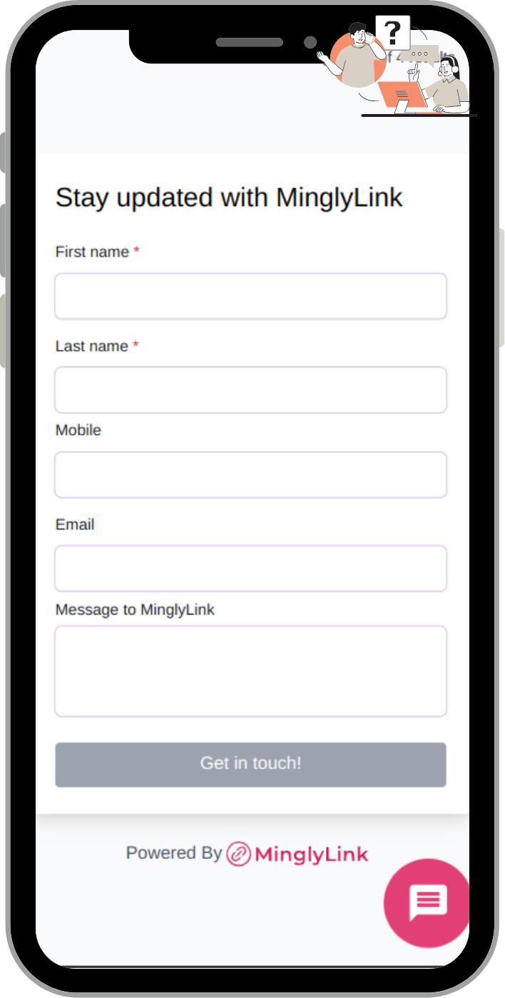 Screenshot of a MinglyLink page form on a phone with first name, last name, mobile, email and message fields