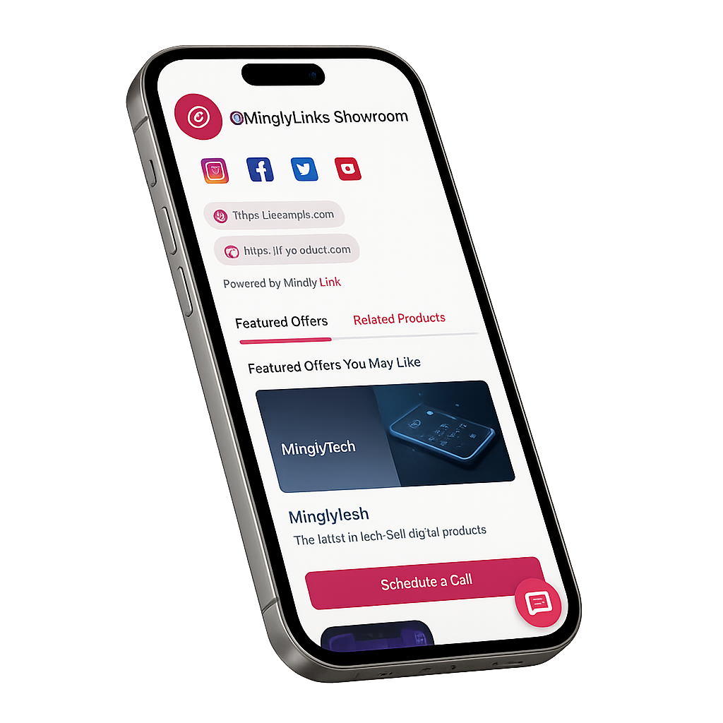 Mockup of a MinglyLink bio page on a phone: profile photo, social icons, quick links and a featured product card
