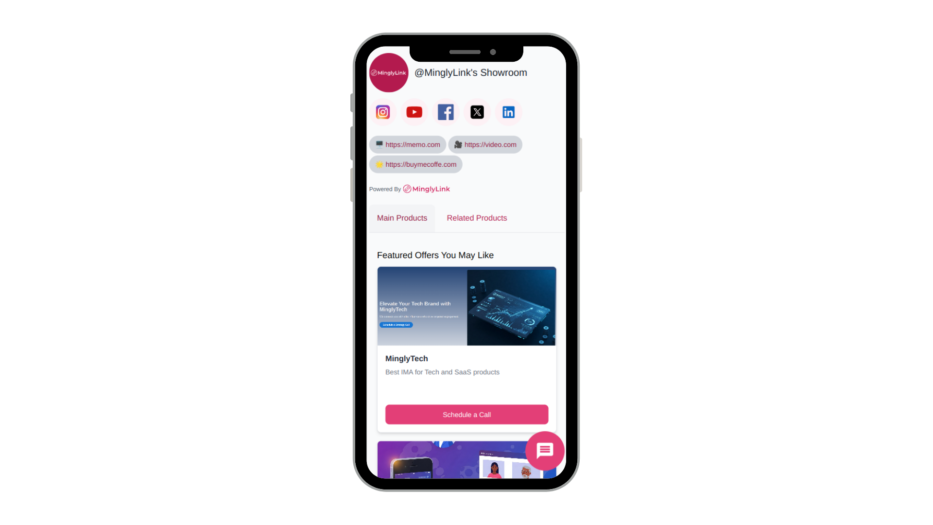 Screenshot of a MinglyLink page on a phone with social icons, quick links and a Main Products tab